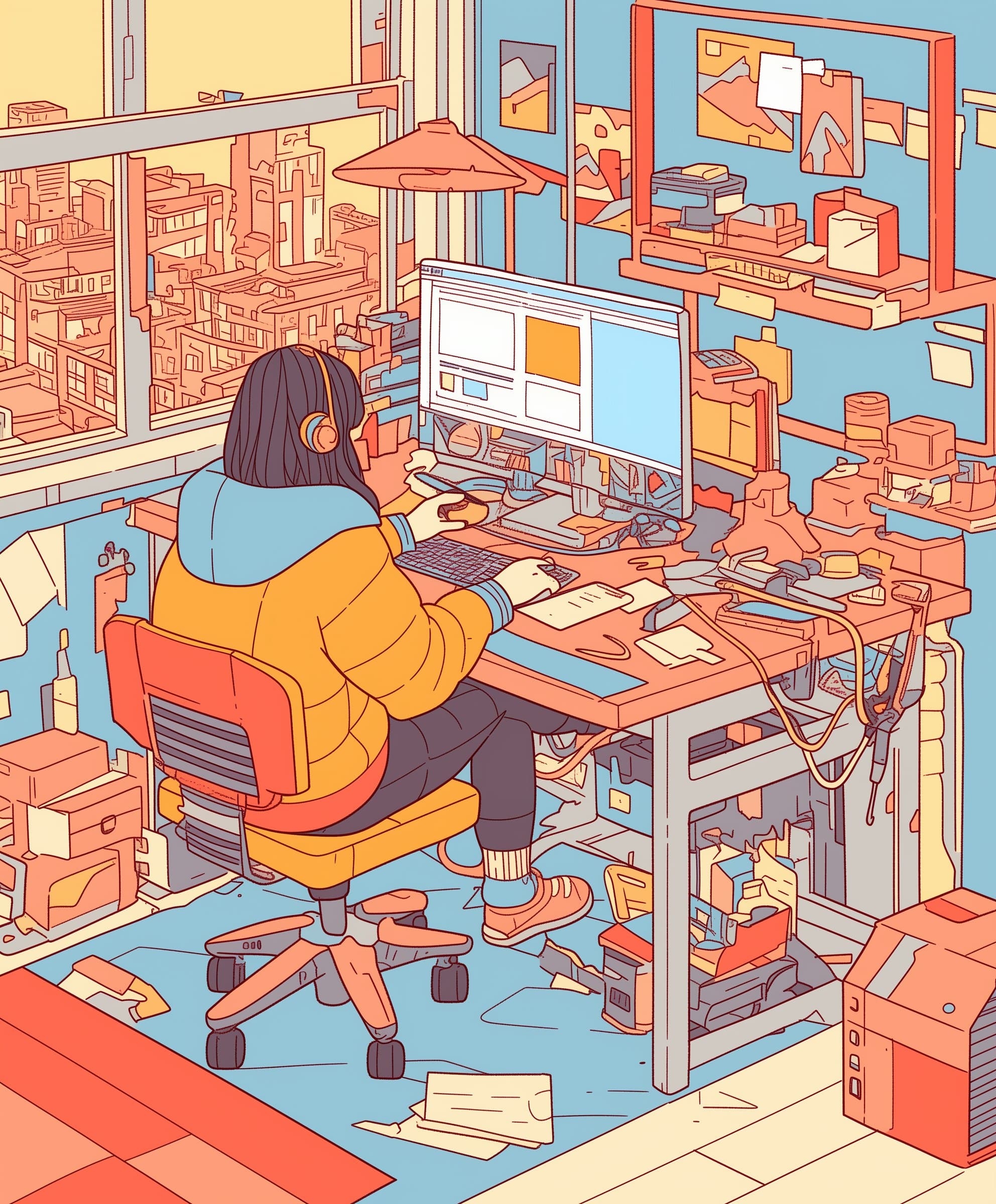 Person Working at Cluttered Desk - Illustration by Lummi